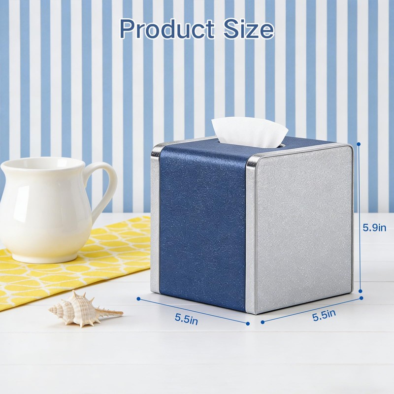 Blue Tissue Box Cover Square with Magnetic Closure, PU Leather