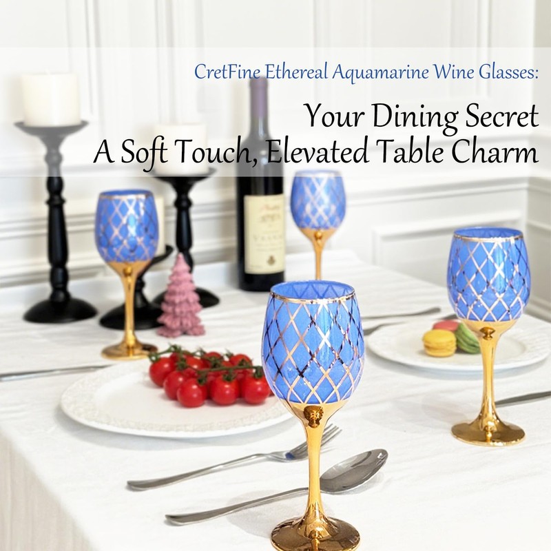CretFine Blue and Gold Gold Wine Glasses Set of 2,