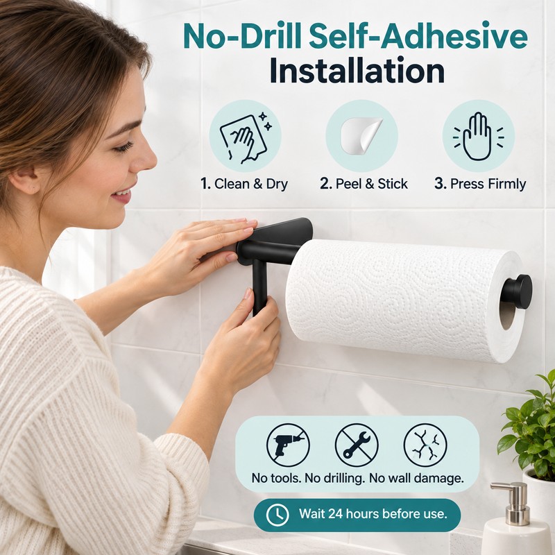 Self-Adhesive Stainless Steel Paper Towel Holder – No-Drill Wall-Mounted Roll
