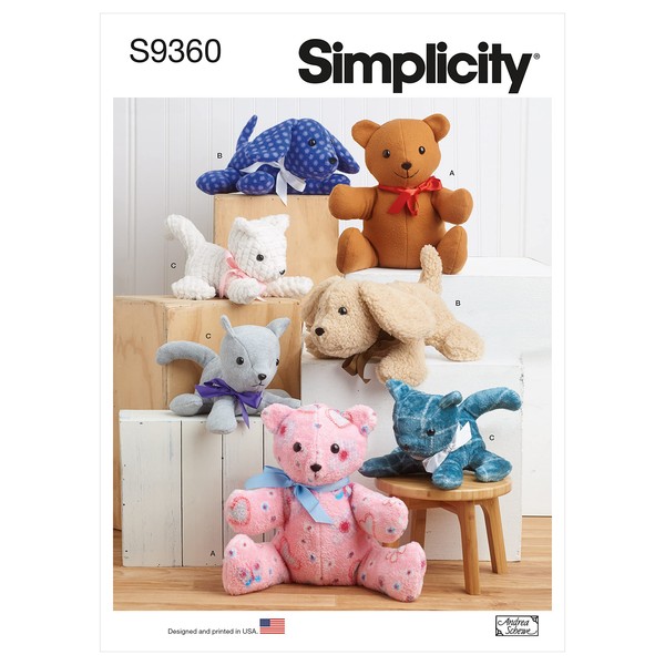 Simplicity SS9360OS UNDEFINED Stuffed Craft Adorable Plush 18" Bear, 12" Long Puppy and 10" Long Kitty are Super Easy to sew , White