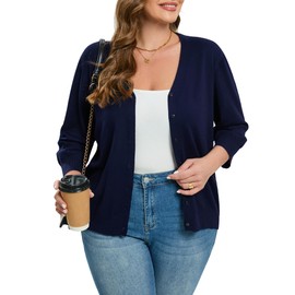 Cárdigan de manga 3/4 con botones para mujer, azul#, XL más