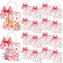 Geyoga 50 Pcs Valentine's Day Gift Bags Heart Clear Gift Bags with Handle 6.3 x 5.9 x 2.8 Inch Heart PVC Tote Bag Reusable Gift Wrapping Bags Candy Bag for Birthday Bridal Wedding Party(Red)