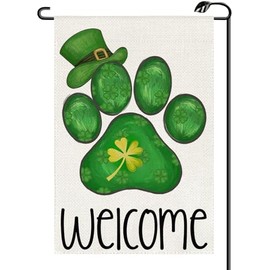 St Patricks Day Welcome Garden Flag 12x18 Inch Vertical Double Sided Irish Dog Paw with Green Hat Lucky Shamrocks Small Flags Farmhouse Outside Decoration For Yard (ONLY FLAG) SP24