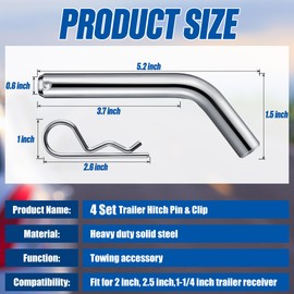 Anglechic 4 Set Trailer Hitch Pin & Clip with Grooved Head, Heavy Duty 5/8" Hitch Pin Fits 2 or 2.5 Inch Receiver, Strong Spring R Clips Prevent Slipping, Suitable for Towing, Trailer