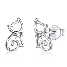 EUDORA Sterling Silver Cat Stud Earrings for Women, Cute Kitten Dainty Animal Pet Hypoallergenic Ear Jewellry Gift for Teen Girls Ladies Daughter Cat Lovers