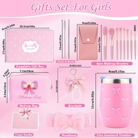 Gifts for Teenage Girls 9 10 11 12 13 14 15 16 Years, School Birthday Gift Girls Insulated Cup with Straw and Lid, Makeup Brush Cosmetic Bag Headband Keyring