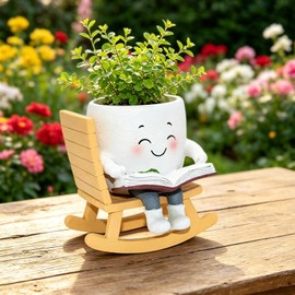 Rocking Chair Book Planter, Cute Smiley Face Succulent Plant Pots for Indoor Outdoor Plants, Unique Funny Flower Pots with Drainage Hole, Plant Gifts for Mother's Day, Birthday, Christmas