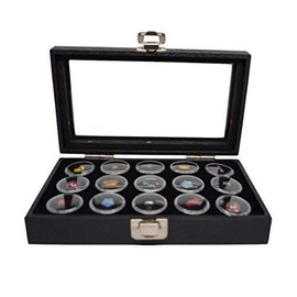 Novel Box Medium Glass Top Black Leatherette Jewelry Display Case + 15 Count Jar Insert Tray in Black + Custom NB Pouch