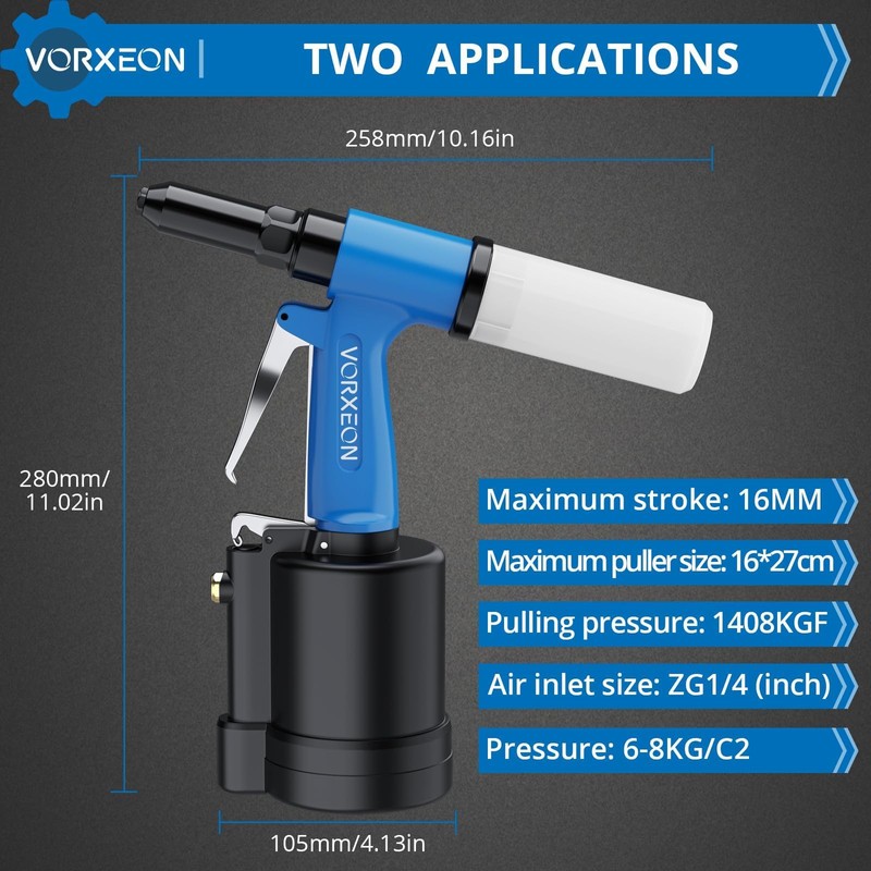 VORXEON Pneumatic Rivet Gun Set 3/32", 1/8", 5/32", 3/16" Air