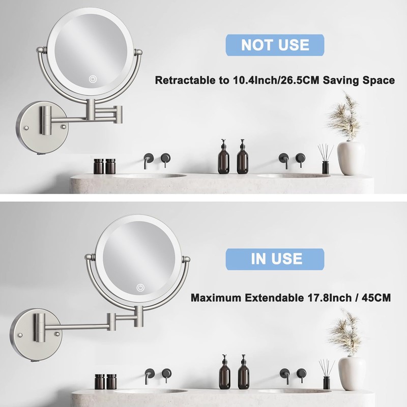 LEDOOLE 8" Rechargeable Lighted Wall Mounted Makeup Mirror with Magnification,
