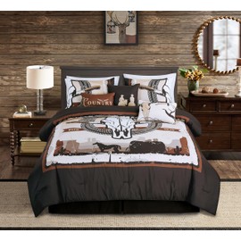 Chezmoi Collection Weston 7-Piece Southwestern Country Skull Comforter Set - Multicolor Brown Beige Tan White Printed Washed Microfiber Bedding, Queen