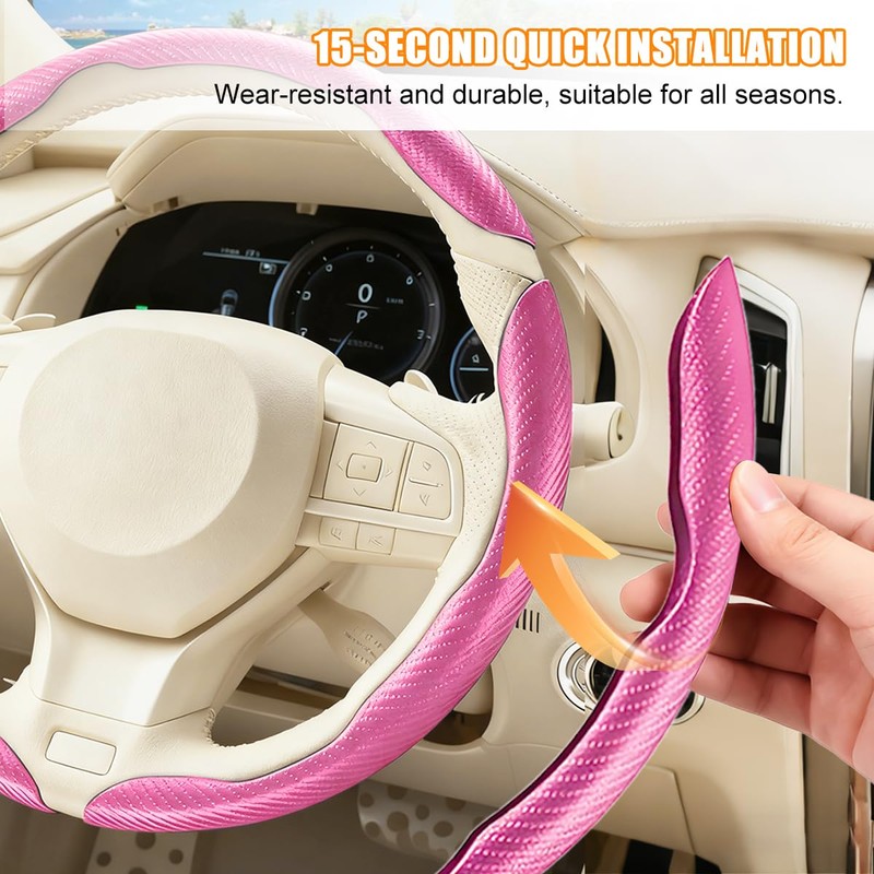 3PCS Carbon Fiber Car Steering Wheel Cover, Leather Segmented Anti-Skid