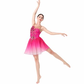 AFAVOM Figure Skating Dress for Women Girls Sequin Flower Mesh Ice Skating Dress Ballet Dance Leotard Gradient Chiffon Skirt Lyrical Dancewear for Competition Stage Performance Costume Hot Pink L