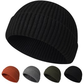 NAHOSY Wool Beanie Hats, Unisex Skullcap Trawler Short Knit Beanie for Men Women Watch Hat Warm Winter Hat Fisherman, Black