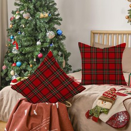 RABUSOFA Christmas Pillow Covers 18x18 Inch Set of 2 Indoor Outdoor Waterproof Scottish Tartan Plaid Classic Throw Decorative Cushion Cases for Christmas Decor Decorations for Home Couch Patio