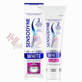 Sensodyne Clinical White - Pasta dental clínicamente probada para blanquear dientes sensibles, protector contra manchas, 3.4 oz | Blanqueamiento clíni