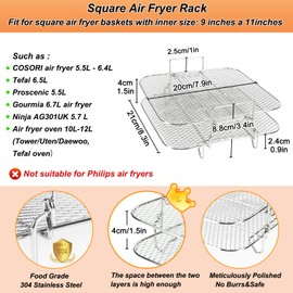 YQL Air Fryer Rack for Cosori 5.5L, Upgraded 2 Layers Square Air Fryer Accessories Grill Rack/Shelf/Dehydrator Rack for Gourmia 6.7L,Tefal 6.2-6.5L,Instant Vortex Plus 8.5L Air Fryer and Tower Oven