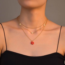 Inilbran Boho Layered Flower Pendant Necklace Vintage Flower Pearl Choker Necklace Gold Red Flower Pearl Necklace Multilayer Flower Chain Necklace Jewellery for Women, Zinc