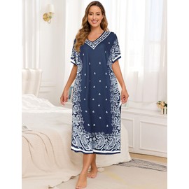 Bloggerlove Night Gowns for Women Sleepwear Long Cotton Nightgown V-Neck Short Sleeve House Dress with Pockets Navy L