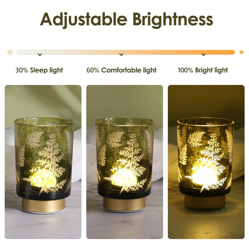 Eywamage Battery Operated Glass Table Lamp, Boho Green Ferns Leaves