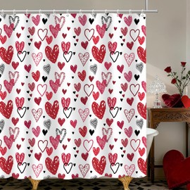 Valentine's Day Shower Curtain Sets 4 Pcs with Shower Curtain,Non-Slip Rugs,Toilet Lid Cover, Bath Mat and 12 Hooks Pink Black Heart Home Decor Valentines Day Bath Curtain Set