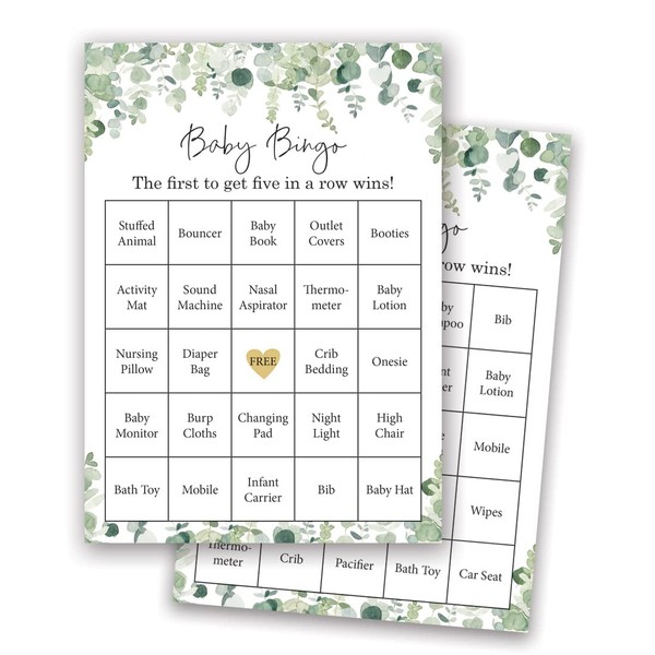 60 Prefilled Baby Shower Bingo Cards (Eucalyptus Foliage)