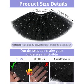 JIRONN Sparkle Tutu Skirt Ballet Dance Skorts for Women, Elastic 3 Layered Tulle Tutu Skirt with Sequin Stars Retro Bubble Skirt, Classic Tutu Skirt 1950's Glitter Tulle Vintage Petticoat (Poly, BK)