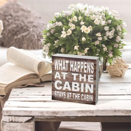 Knibeo What Happens at the Cabin Stays at the Cabin Wood Box Sign Decor,Gifts for Cabin Owners,Housewarming Gifts,Rustic Wooden Block Plaque Box Sign For Home Lake Cabin Wall Desk Shelf Decorations
