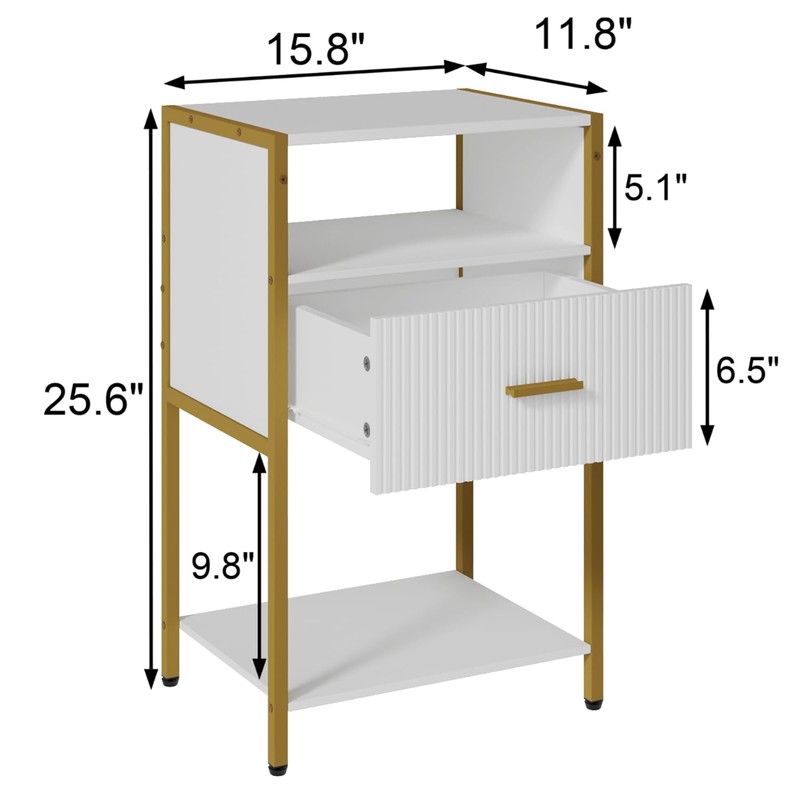 JOONEE Modern Nightstand, White and Gold Side Table with Drawer,