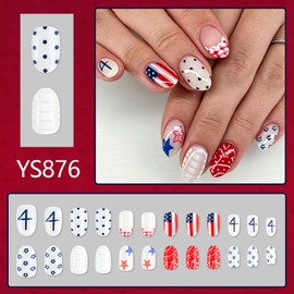 4th Of July Press On Nails Short Almond Fake Nail Independence Day Nails Press Ons With American Flag Polka Dot Star Designs Full Cover Acrylic False Nails Artificial Glue On Nails For Women