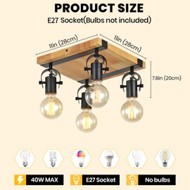 SEEBLEN Farmhouse Wooden Flush Mount Ceiling Lamp,4-Light Directional Ceiling Spotlight Track Kits,Rustic Farmhouse Kitchen Light Fixtures for Kitchen Bathroom Bedroom Hallway.