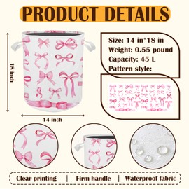 Cilrii Pink Coquette Bow Laundry Basket Hamper, Toybox for Girls, Preppy Aesthetic Bow Waterproof Collapsible Storage Bin Organizer for Bedroom Bathroom Girls Room Dorm Clothes Toys Books