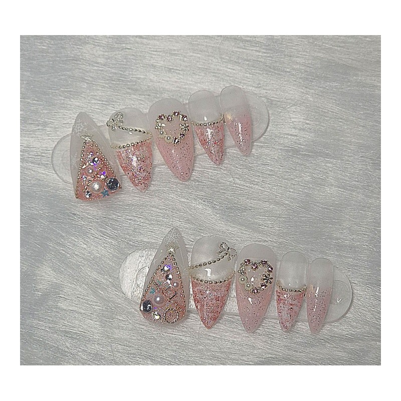 [In-store special discount]Pink Tree Tweed Winter Handmade Nail Tips -