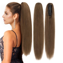 Rich Choices Claw Clip Ponytail Extension Real Human Hair Clip In Long Remy Ponytail Hair Extensions Straight For Women #4R Natural Brown 18 Inch