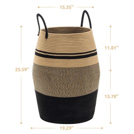Jute Rope Laundry Hamper by YOUDENOVA, 105L - Woven Collapsible Laundry Basket - Clothes Storage Basket for Blankets organizing, Bedroom Storage, Clothes Hamper – Brown & Black