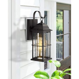 zeyu 1-Light Outdoor Wall Sconce Lantern, 14 inch Exterior Light Fixtures Wall Mount in Black Finish with Seeded Glass Shade, 20071B1