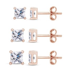 SAVEARTH DIAMONDS 18K Rose Gold Plated Silver 4-Prong Princess Cut Lab Created Moissanite Stud Earring for Women 3/4/5MM Pack of 3 Pairs