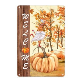 Fall Gold Leaf Gnome Pumpkin Welcome Metal Wall Sign Thanksgiving Decorations Metal Wall Sign Rustic Farmhouse Fall Decor Retro Metal Wall Hanging Sign for Front Porch Living Room Bedroom 8x12in