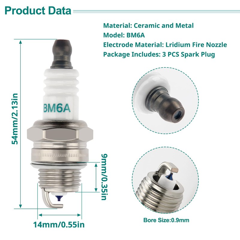 VooGenzek 3 PCS Spark Plug BM6A, Lawnmower Spark Plug, BM6A