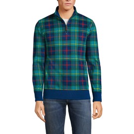 Lands' End Mens Bedford Rib Quarter Zip Sweater Green/Navy/Heritage Red Plaid Regular Medium