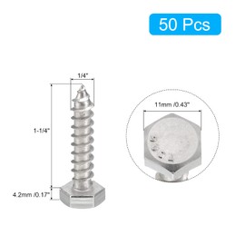 sourcing map Hex Head Lag Screws Bolts, 50pcs 1/4" x 1-1/4" 304 Stainless Steel Partial Thread Wood Screws