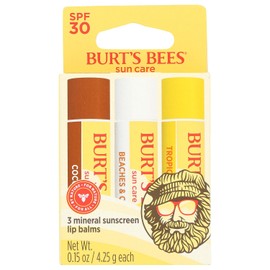 Burt's Bees Bálsamo labial SPF 30, Island Getaway - Coco Loco, Beaches & Cream, Tropic Like It's Hot, cuidado solar resistente al agua, tratamiento labial de origen natural, 3 tubos, 0.15 onzas
