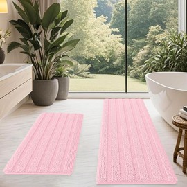 ACCUMTEK Striped Pink Bathroom Rug Mat Set 2 Piece 32"x20"+60"x20" Ultra Soft, Non Slip Chenille Bath Rugs, Absorbent Plush Shaggy Bath Mats for Bathroom, Bedroom, Kitchen, Shower, Tub