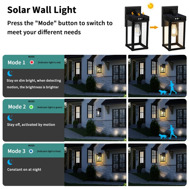 AEQ Solar Wall Lights Outdoor, Solar Wall Sconce with 3