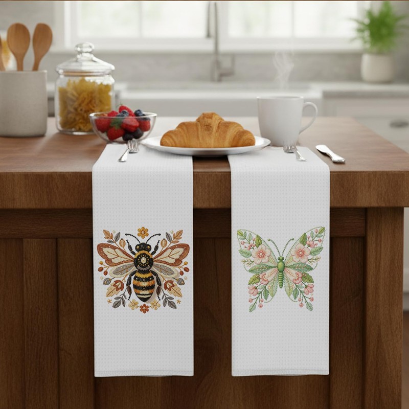 Floral Bee Butterfly Kitchen Towels 16x24 Inch Set of 2