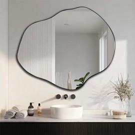 Gluck Plants Irregular Wall Mirror, Large 20.5x25 Inch Asymmetrical Wave, Black Modern Unique Shape, Frameless Wall Mounted Vanity Mirror for Bathroom, Bedroom, Living Room, Entryway, Fireplace