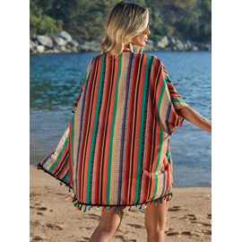 Verdusa Women's 3 Piece Outfits Short Sleeve Open Front Kimono and Boho Cami Top and Tassel Trim Tropical Shorts Set Multicolor S