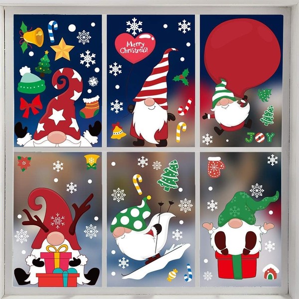 CCINEE 206pcs Christmas Gnome Window Cling Sticker,Xmas Tomte Gnome Elf Sticker Snowflake Santa Decal for Holiday Decoration