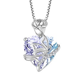 FJ Heart Butterfly Necklace 925 Sterling Silver Alexandrite Necklace June Birthstone Pendant Rose Flower Jewelry Gifts for Women