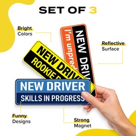 HEY-OKEY New Driver Magnet for Car - Funny 3-Pack Please Be Patient Reflective Magnetic Bumper Sticker Set - Removable Novice Rookie Safety Attention Sign - Weather-Resistant - 10 x 3.5 inch